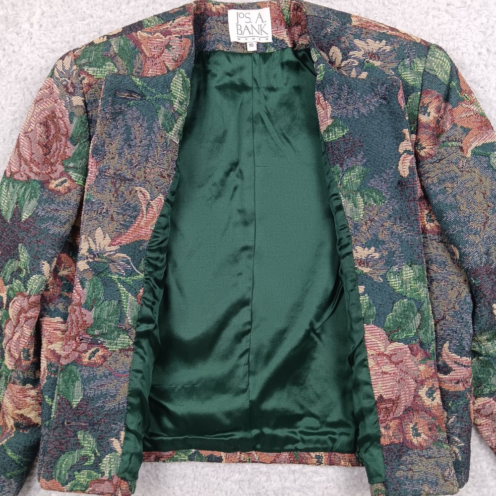 VTG Jos. A. Bank Blazer Tapestry Women 10 Green Floral Gold Button 90s Jacket - Picture 4 of 7